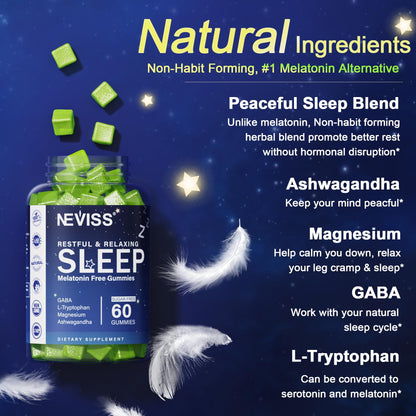 NEVISS Melatonin Free Sleep Aid Gummies for Adults - Magnesium Glycinate Gummies | GABA, L-Tryptophan, Magnesium, Ashwagandha - Non-Habit Forming, Help for Deep Relaxation - Vegan, Lemon Flavor, 2Pack - PrimeBioHealth - canada supplements