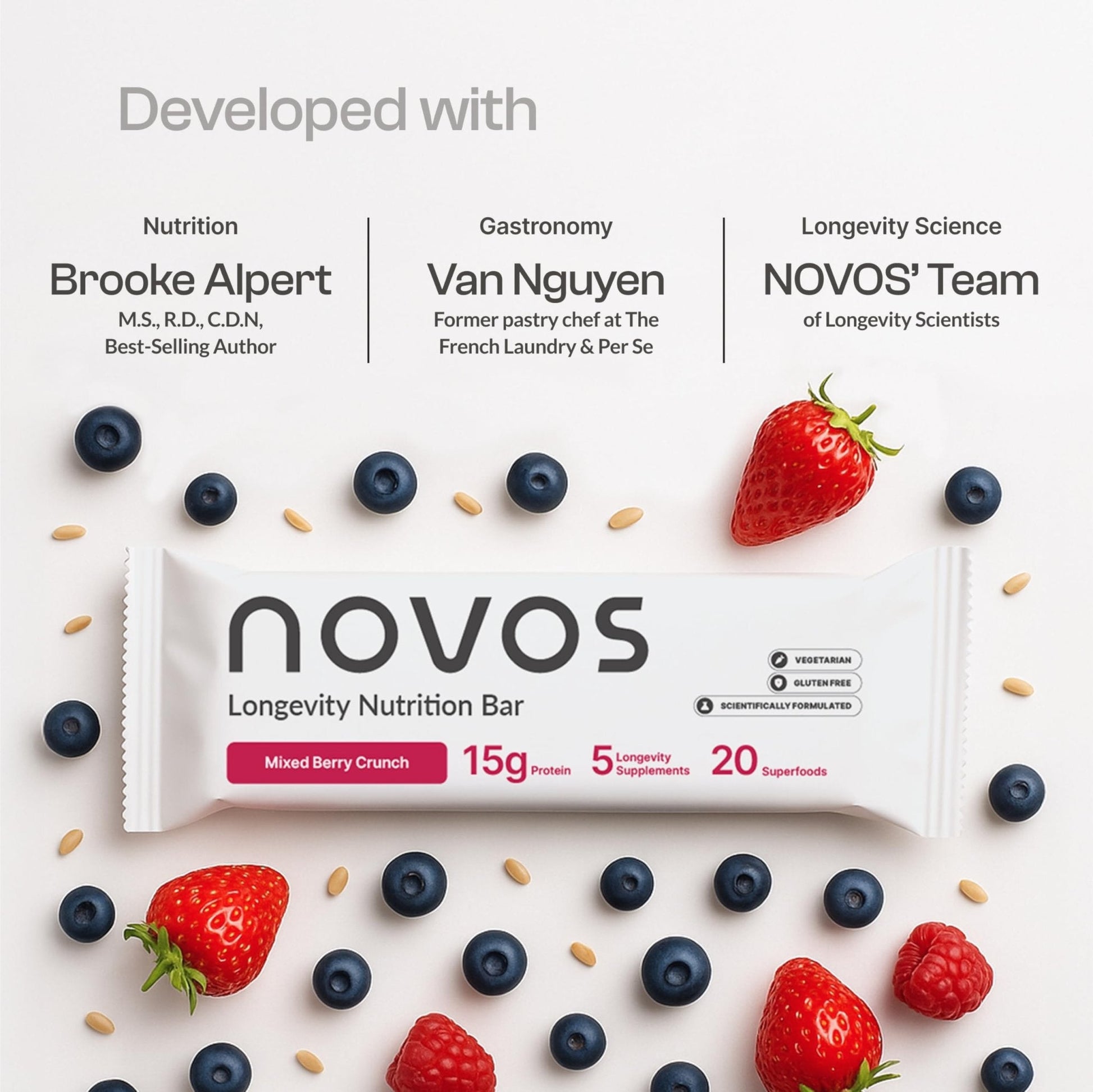 Novos Longevity Protein Bar | 15g Protein, 20 Superfoods, 5 Longevity Ingredients for Men & Women | Supports Skin, Mind & Mood | Mixed Berry Crunch (12-Pack) - PrimeBioHealth - canada supplements
