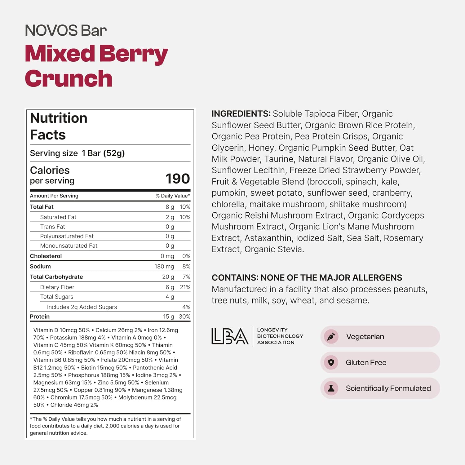 NOVOS Longevity Protein Bar Variety Pack (3 Flavors) – Peanut Butter, Mixed Berry Crunch & Salted Chocolate Crunch | 15g Protein, 20 Superfoods & Longevity Nutrients | Healthy Snack for Energy & Focus - PrimeBioHealth - canada supplements
