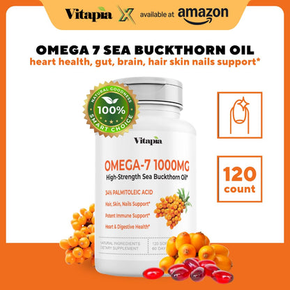 Omega 7 Sea Buckthorn Berry Oil 1000mg for Hair, Skin, Nails, Heart Health Support - 34% Palmitoleic Acid & Natural Omega 3 6 9 Fatty Acids Supplement - 120 Capsules, Non-GMO, Gluten-Free - PrimeBioHealth - canada supplements