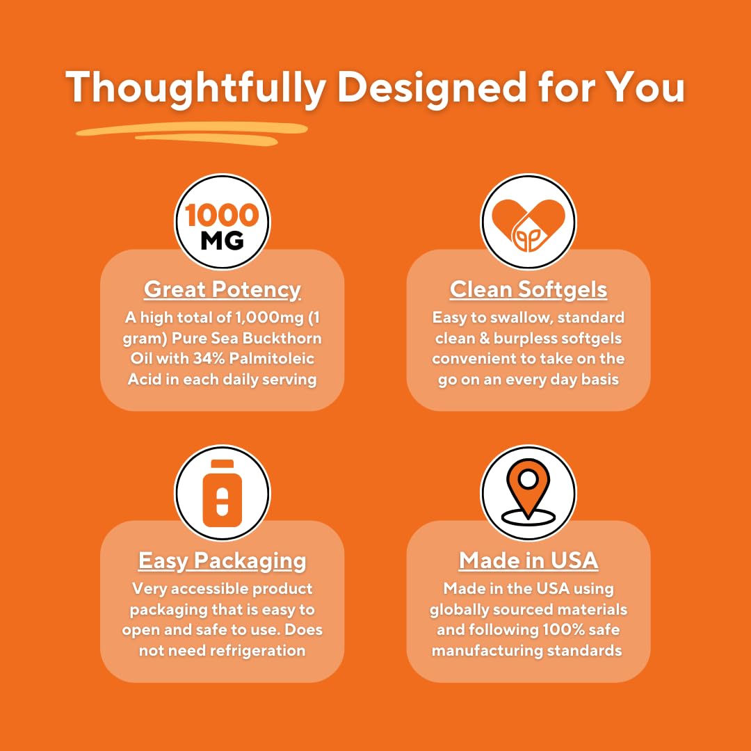 Omega 7 Sea Buckthorn Berry Oil 1000mg for Hair, Skin, Nails, Heart Health Support - 34% Palmitoleic Acid & Natural Omega 3 6 9 Fatty Acids Supplement - 120 Capsules, Non-GMO, Gluten-Free - PrimeBioHealth - canada supplements