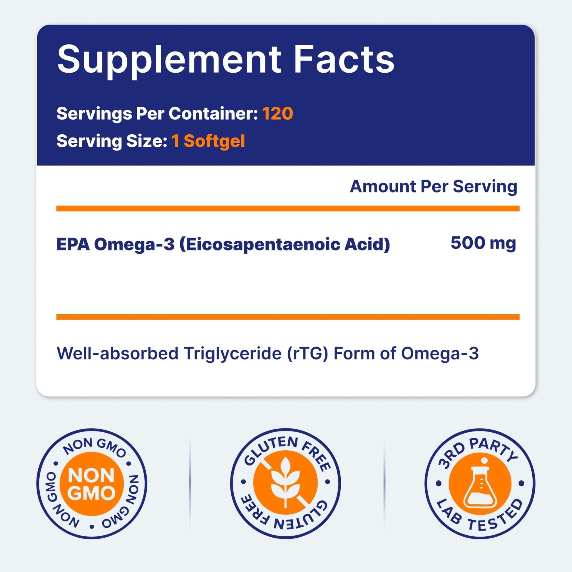 OmegaVia EPA 500, Purified Omega-3 Fish Oil Supplement, 500 mg EPA in Triglyceride Form, Burpless Fish Oil, Non-GMO, Gluten-Free, IFOS 5-Star, 120 Softgels - PrimeBioHealth - canada supplements