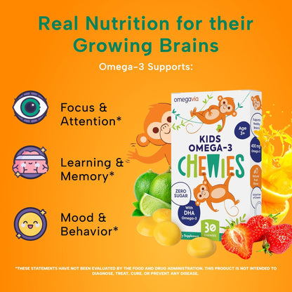 OmegaVia Omega 3 Chewies, Daily DHA Chewable Vitamins for Kids, Omega 3 for Ages 3-12 to Support Brain & Eye Health, Sugar-Free Natural Fruit Flavor, Omega 3 Fish Oil, 30 Individual Packets - PrimeBioHealth - canada supplements