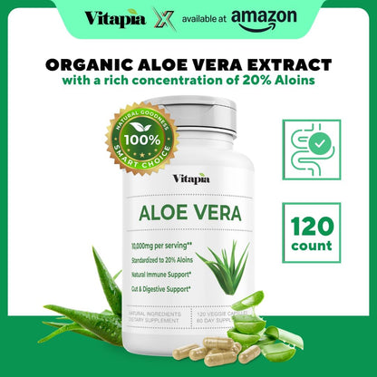 Organic Aloe Vera Capsules 20% Aloins Supplement - Pure Inner Leaf Gel Concentrate - Digestive, Gut Health, Skin, Immune Support - 120 Count - Non-GMO, Gluten-Free, Vegan - PrimeBioHealth - canada supplements