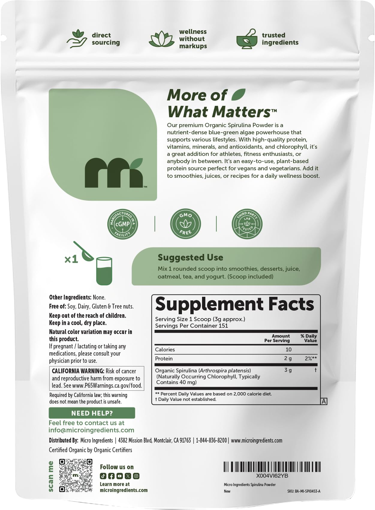 Organic Spirulina Powder, 1lb | Blue-Green Algae, Naturally Occurring Vegan Protein, Vitamins & Minerals | Source of Natural Chlorophyll & Enzymes | Non-GMO, Gluten-Free, No Additives - PrimeBioHealth - canada supplements