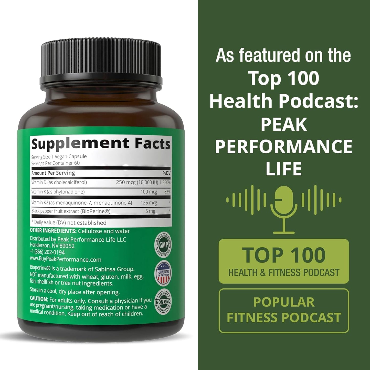 Peak Performance Advanced Vitamin D 10000 IU with All 3 Types of Vitamin K - 10,000 Vitamin D3 and Vitamin K2, K1, MK-7 (MK7), MK4 Supplement - 60 Small and Easy to Swallow Capsules - PrimeBioHealth - canada supplements