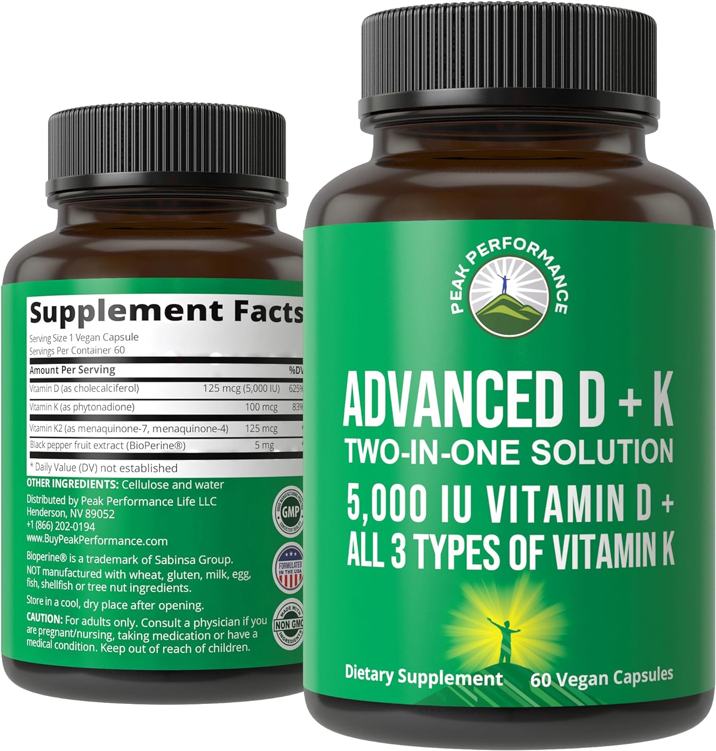 Peak Performance Advanced Vitamin D 5000 IU with All 3 Types of Vitamin K Vitamin D3 and Vitamin K2, K1, MK-7 (MK7), MK4 Supplement - 60 Small and Easy to Swallow Vegetable Capsules - PrimeBioHealth - canada supplements