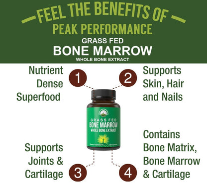 Peak Performance Grass Fed Bone Marrow - Whole Extract Supplement 180 Capsules - Superfood Pills Rich in Collagen, Vitamins, and Amino Acids - from Matrix Cartilage - Ancestral Tablets - PrimeBioHealth - canada supplements