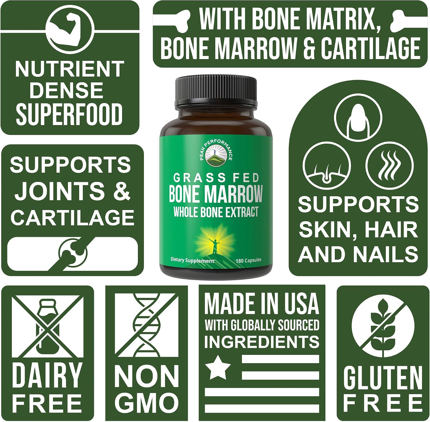 Peak Performance Grass Fed Bone Marrow - Whole Extract Supplement 180 Capsules - Superfood Pills Rich in Collagen, Vitamins, and Amino Acids - from Matrix Cartilage - Ancestral Tablets - PrimeBioHealth - canada supplements