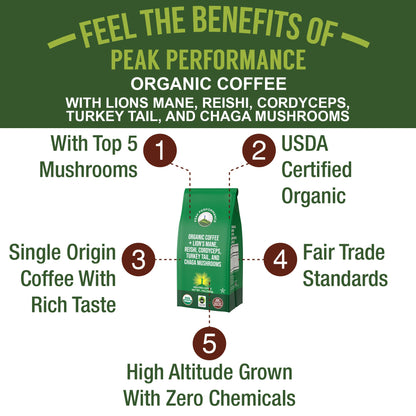 Peak Performance High Altitude Organic Coffee - Fair Trade, Low Acid, Non GMO, and Beans Full of Antioxidants - Medium Roast Smooth Tasting USDA Certified Organic Ground Coffee Bag 12 oz - PrimeBioHealth - canada supplements