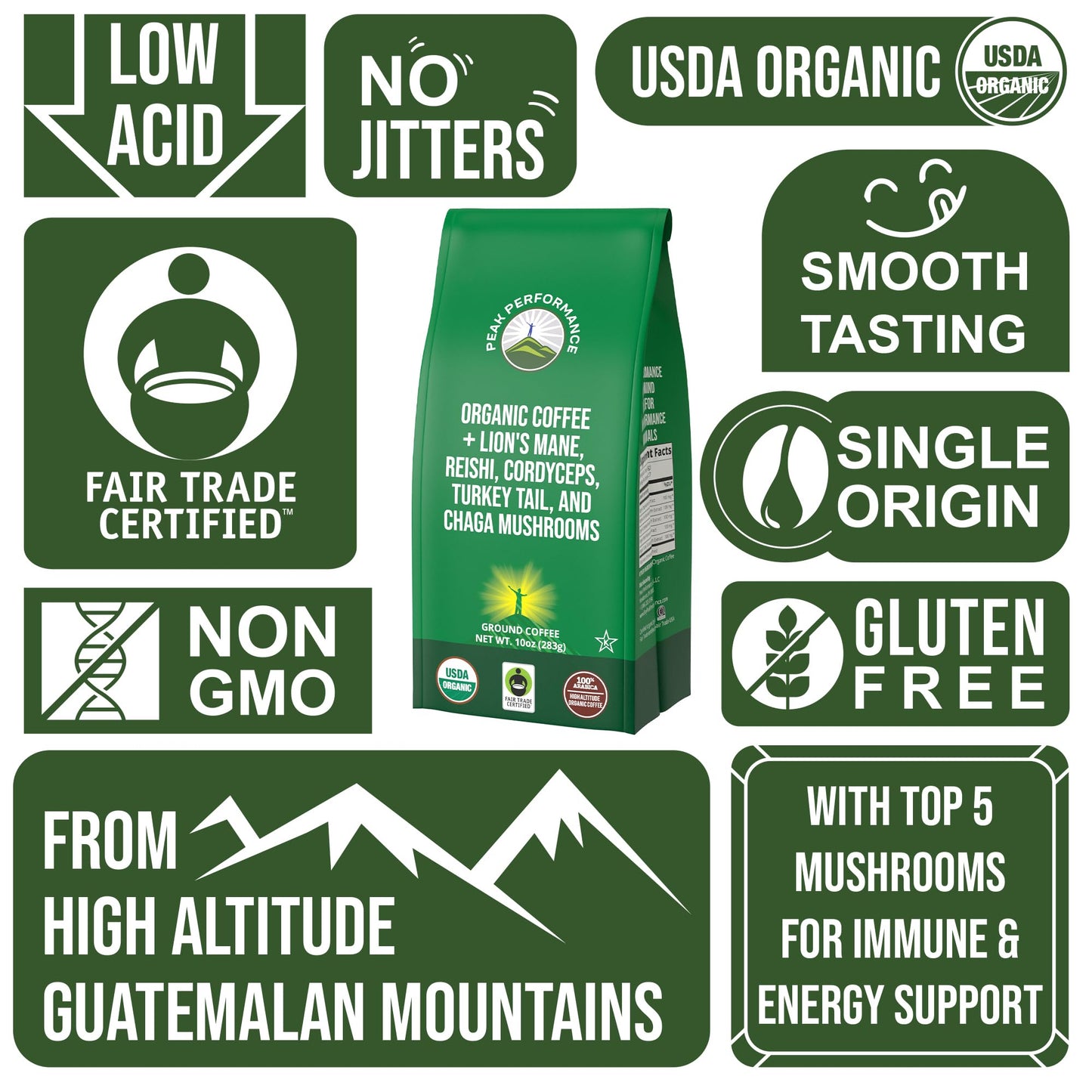 Peak Performance High Altitude Organic Coffee - Fair Trade, Low Acid, Non GMO, and Beans Full of Antioxidants - Medium Roast Smooth Tasting USDA Certified Organic Ground Coffee Bag 12 oz - PrimeBioHealth - canada supplements