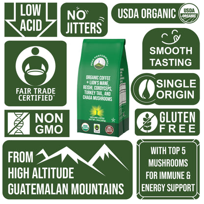 Peak Performance High Altitude Organic Coffee - Fair Trade, Low Acid, Non GMO, and Beans Full of Antioxidants - Medium Roast Smooth Tasting USDA Certified Organic Ground Coffee Bag 12 oz - PrimeBioHealth - canada supplements