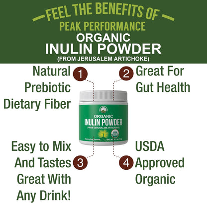 Peak Performance Organic Inulin Powder Natural Prebiotic Fiber for Gut Health. USDA Organic Raw Plant Based Vegan Prebiotics FOS Supplement from Jerusalem Artichoke - PrimeBioHealth - canada supplements