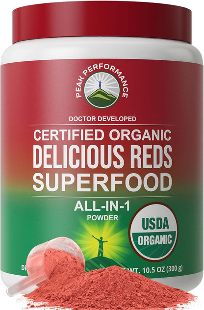 Peak Performance Organic Reds Superfood Powder, Best Tasting Red Juice Super Food w/ 25+ All Natural Ingredients & Polyphenols, Vital for Max Energy and Detox - Raspberry, Elderberry, Beetroot - PrimeBioHealth - canada supplements