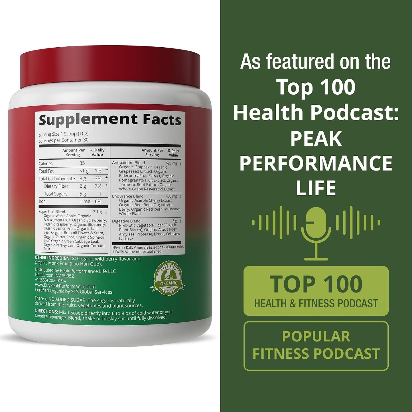 Peak Performance Organic Reds Superfood Powder, Best Tasting Red Juice Super Food w/ 25+ All Natural Ingredients & Polyphenols, Vital for Max Energy and Detox - Raspberry, Elderberry, Beetroot - PrimeBioHealth - canada supplements