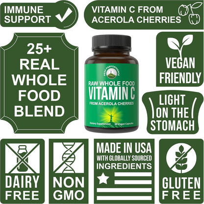 Peak Performance Raw Whole Food Natural Vitamin C Capsules from Acerola Cherry for Max Absorption. Vegan USA Sourced Vitamin C Supplement 90 Pills. 500 mg Serving or 2 Servings 1000mg - PrimeBioHealth - canada supplements