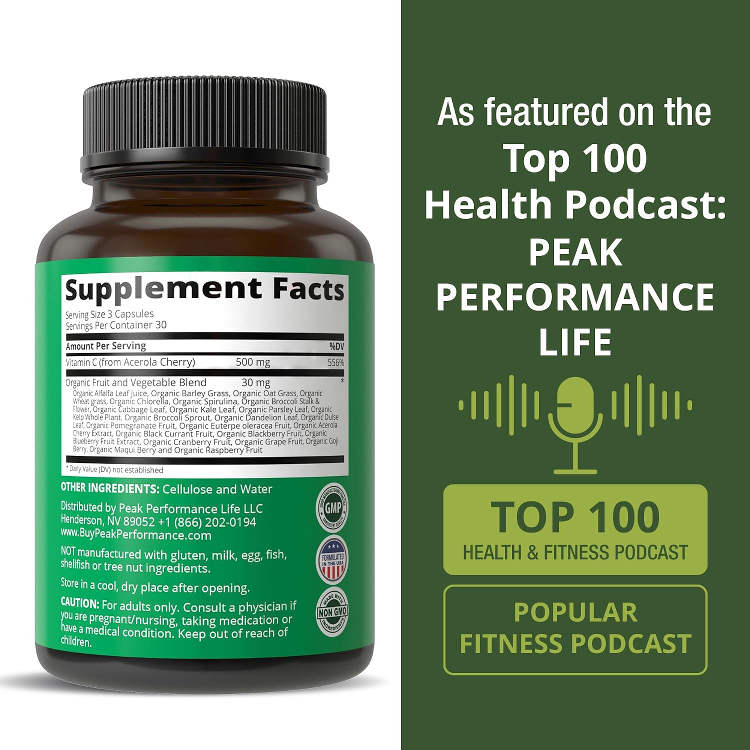 Peak Performance Raw Whole Food Natural Vitamin C Capsules from Acerola Cherry for Max Absorption. Vegan USA Sourced Vitamin C Supplement 90 Pills. 500 mg Serving or 2 Servings 1000mg - PrimeBioHealth - canada supplements