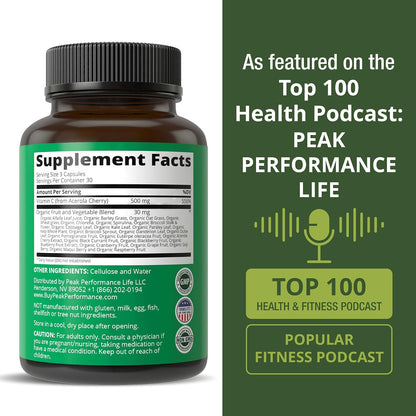 Peak Performance Raw Whole Food Natural Vitamin C Capsules from Acerola Cherry for Max Absorption. Vegan USA Sourced Vitamin C Supplement 90 Pills. 500 mg Serving or 2 Servings 1000mg - PrimeBioHealth - canada supplements