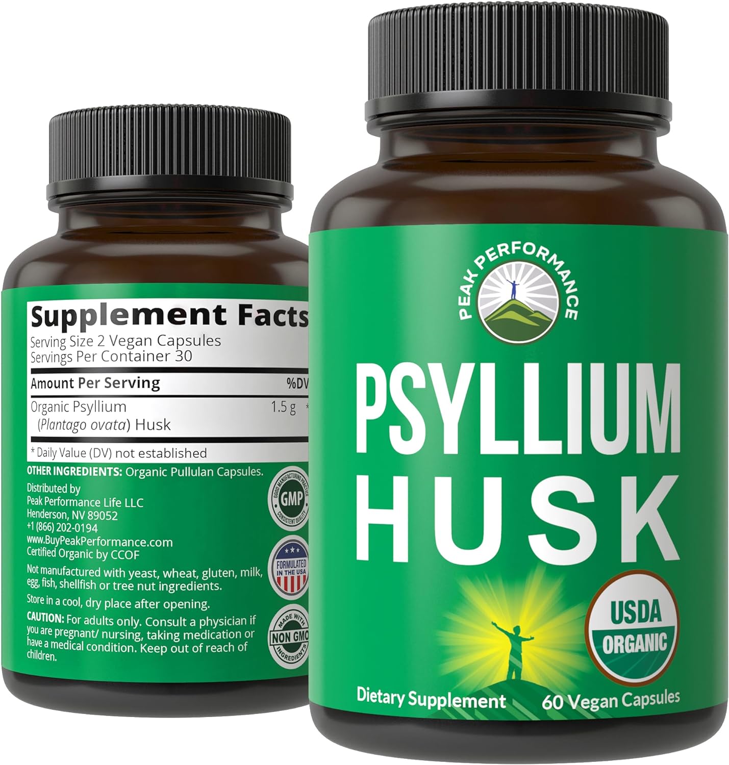 Peak Performance USDA Organic Psyllium Husk Vegan Capsules Made with Seed - Fiber Supplement for Gut - Digestive Prebiotics - for Digestion and Roughage Without Bloating - Vegan, Gluten-Free Pills - PrimeBioHealth - canada supplements