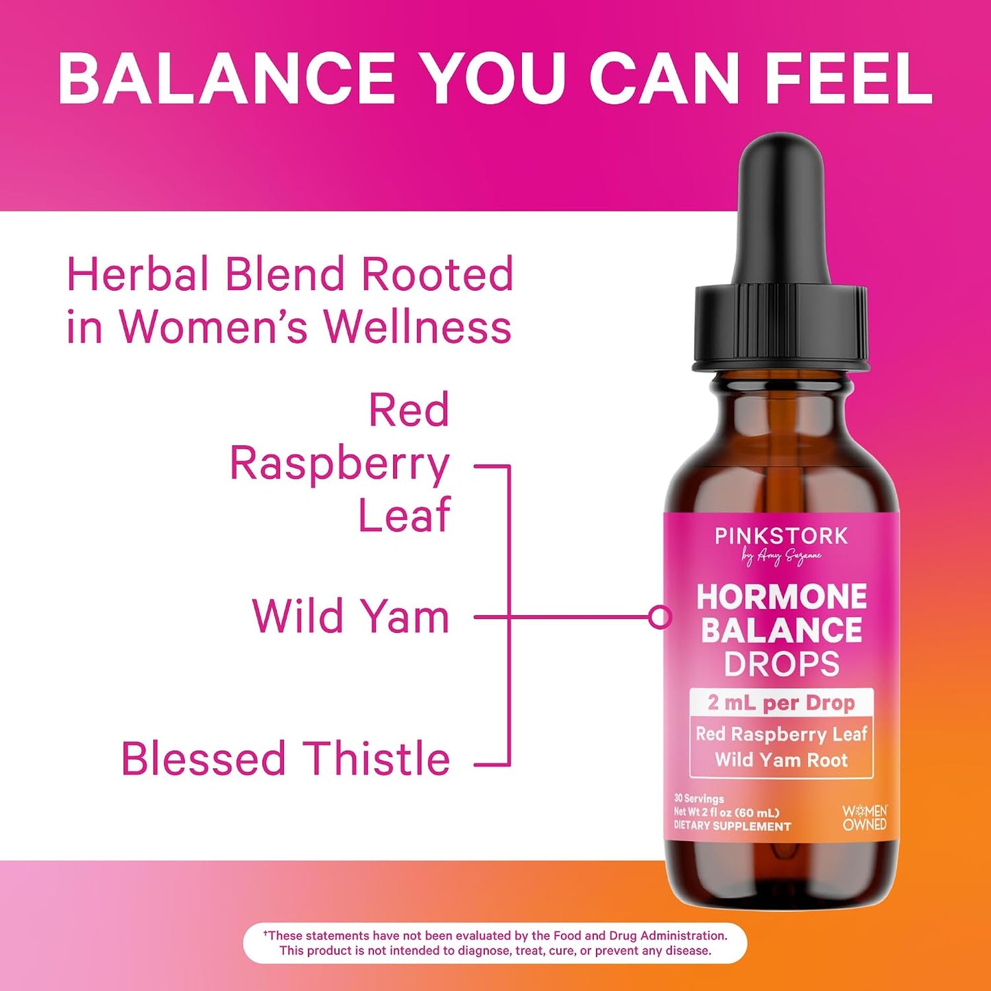 Pink Stork Hormone Balance Drops for Women - 2oz, 30 Servings | Supports Hormonal Health, PMS, Perimenopause & Mood, with Red Raspberry Leaf & Wild Yam - Liquid Supplement - Vegan - PrimeBioHealth - canada supplements