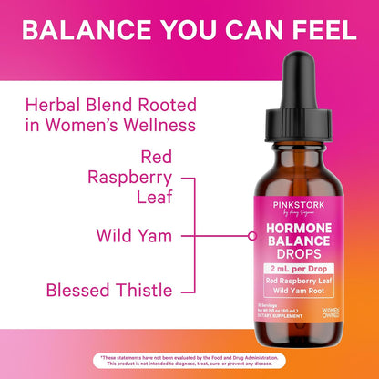 Pink Stork Hormone Balance Drops for Women - 2oz, 30 Servings | Supports Hormonal Health, PMS, Perimenopause & Mood, with Red Raspberry Leaf & Wild Yam - Liquid Supplement - Vegan - PrimeBioHealth - canada supplements