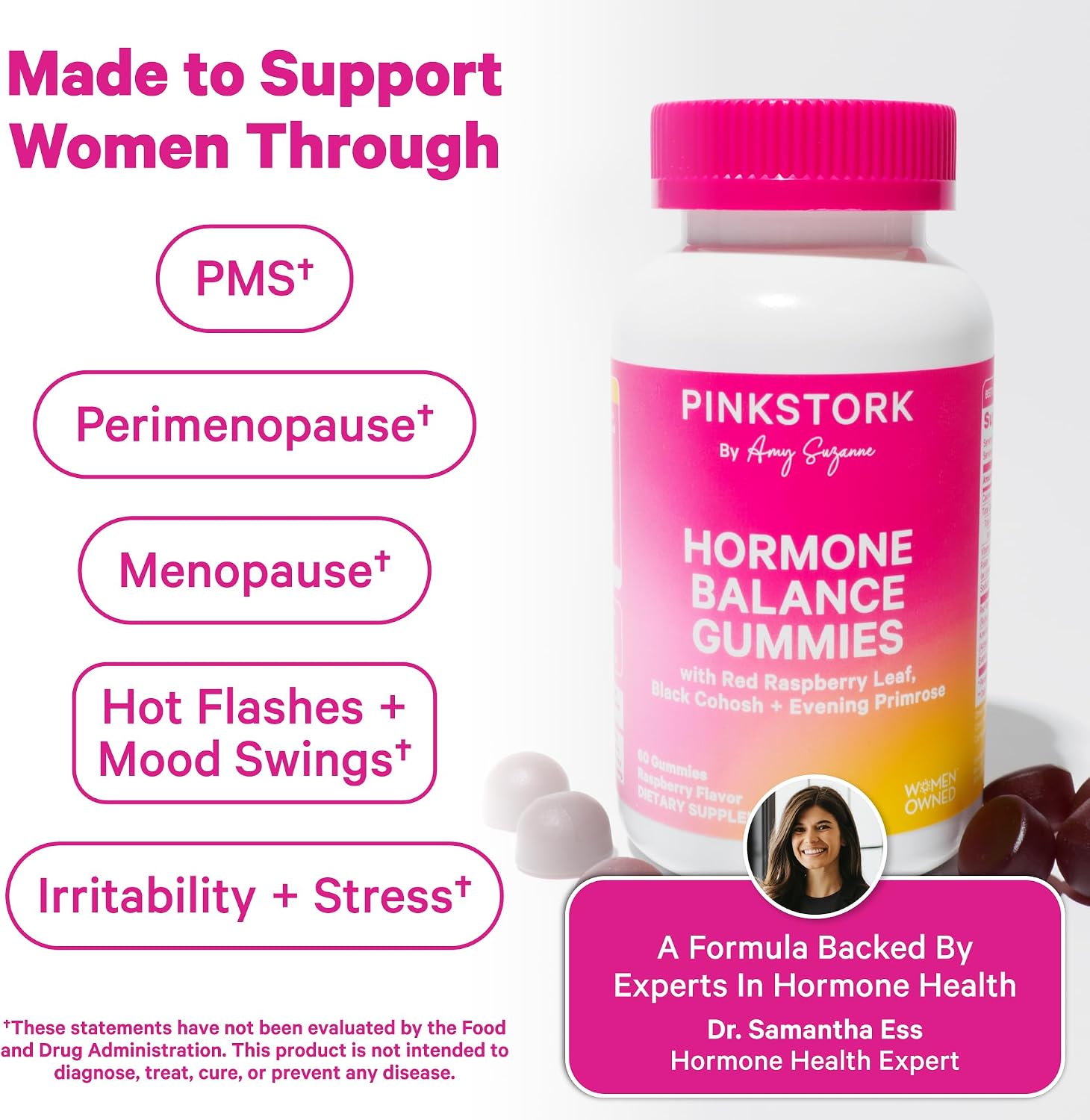 Pink Stork Hormone Balance Gummies for Women, 60 Vegan Gummies | PMS, Menopause & Perimenopause Support, Mood, Digestion, Temperature Comfort + Energy, Red Raspberry Leaf, Black Cohosh - PrimeBioHealth - canada supplements