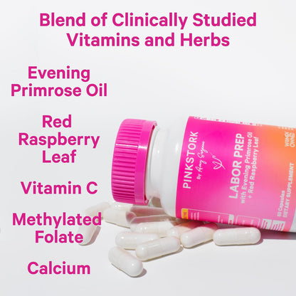 Pink Stork Labor Prep Supplement – Evening Primrose Oil & Red Raspberry Leaf for Third Trimester, Gentle Labor & Postpartum Support, Pregnancy & Breastfeeding Safe, 60 Vegan Capsules - PrimeBioHealth - canada supplements