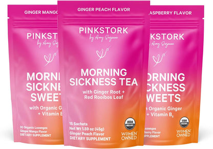 Pink Stork Morning Sickness Support Kit – 3-Piece Bundle with Organic Ginger Peach Tea, B6 Sweets, Ginger Lozenges – Pregnancy Support, First Trimester Essentials, Gift for Pregnant Women - PrimeBioHealth - canada supplements