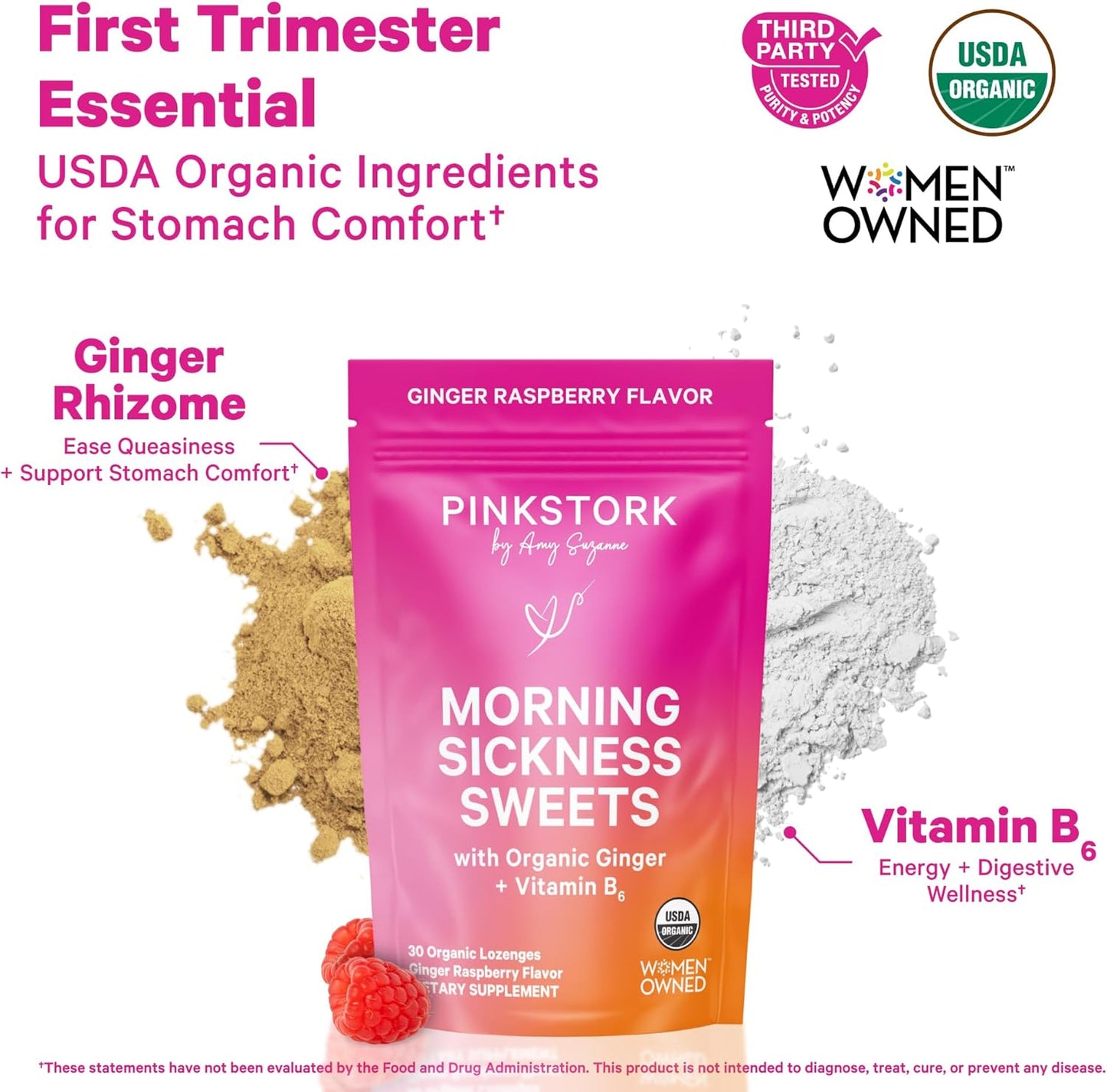 Pink Stork Morning Sickness Support Kit – 3-Piece Bundle with Organic Ginger Peach Tea, B6 Sweets, Ginger Lozenges – Pregnancy Support, First Trimester Essentials, Gift for Pregnant Women - PrimeBioHealth - canada supplements