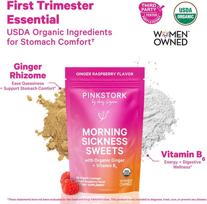 Pink Stork Morning Sickness Support Kit – 3-Piece Bundle with Organic Ginger Peach Tea, B6 Sweets, Ginger Lozenges – Pregnancy Support, First Trimester Essentials, Gift for Pregnant Women - PrimeBioHealth - canada supplements
