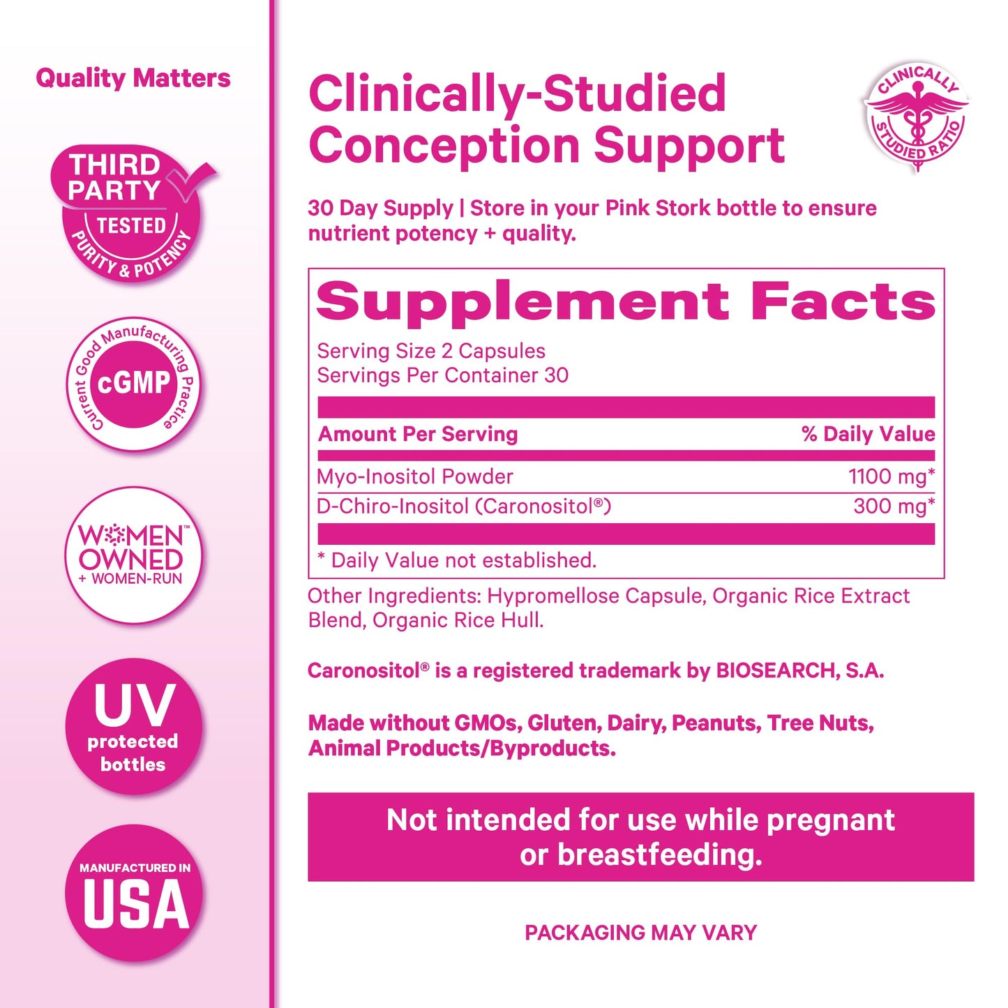 Pink Stork Myo-Inositol & D-Chiro Inositol: 3.6:1 Blend to Support Fertility, Hormone Balance for Women - Ovarian Function, Ovulation, Conception, and Period Support Supplement - 60 Capsules - PrimeBioHealth - canada supplements