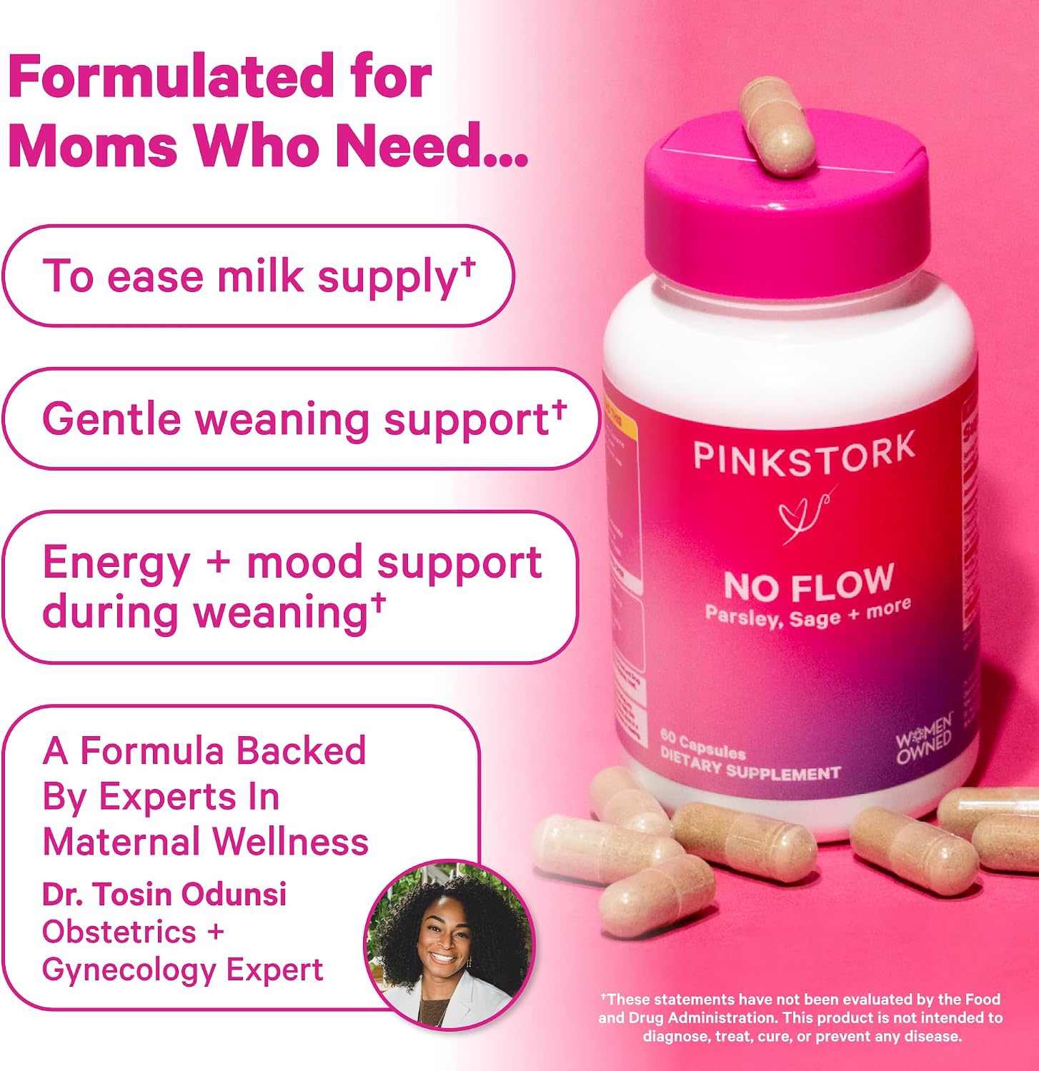 Pink Stork No Flow: Dry Up Breast Milk Supply with Sage, Parsley, and B Vitamins, Postpartum Essentials for Women to Stop Breastfeeding and Decrease Milk Production, 60 Capsules - PrimeBioHealth - canada supplements