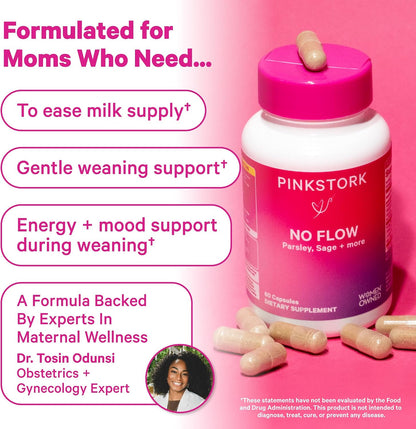 Pink Stork No Flow: Dry Up Breast Milk Supply with Sage, Parsley, and B Vitamins, Postpartum Essentials for Women to Stop Breastfeeding and Decrease Milk Production, 60 Capsules - PrimeBioHealth - canada supplements