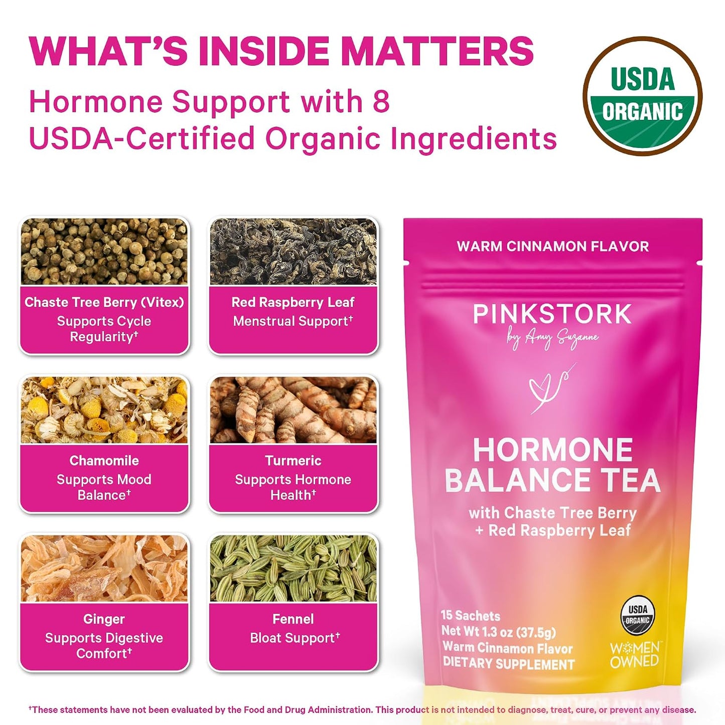 Pink Stork Organic Hormone Balance Tea for Women, Cinnamon, 30 Servings | Red Raspberry Leaf & Chasteberry (Vitex), Organic Herbal Tea, PMS, Menstrual Cycle + Perimenopause Support - PrimeBioHealth - canada supplements