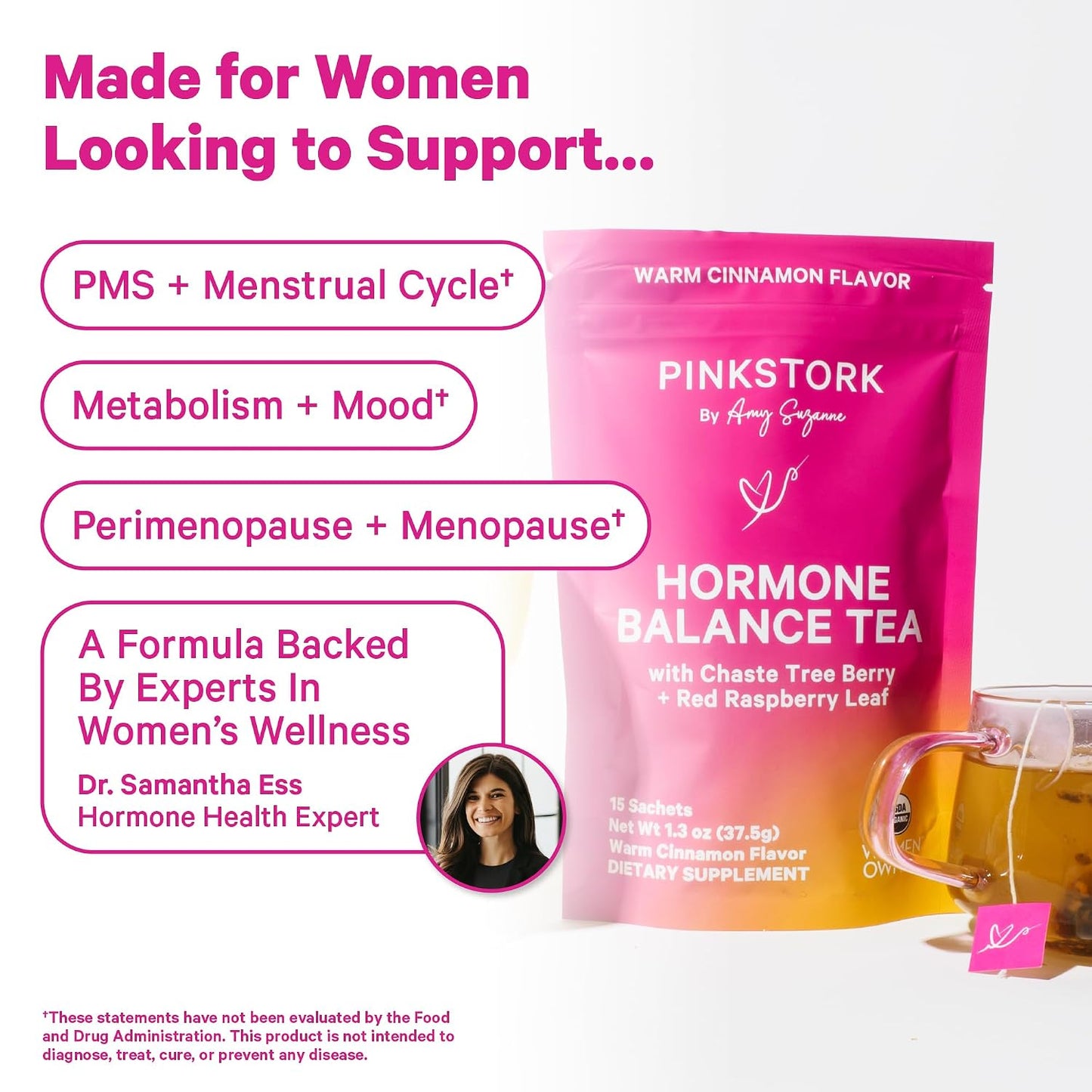 Pink Stork Organic Hormone Balance Tea for Women, Cinnamon, 30 Servings | Red Raspberry Leaf & Chasteberry (Vitex), Organic Herbal Tea, PMS, Menstrual Cycle + Perimenopause Support - PrimeBioHealth - canada supplements