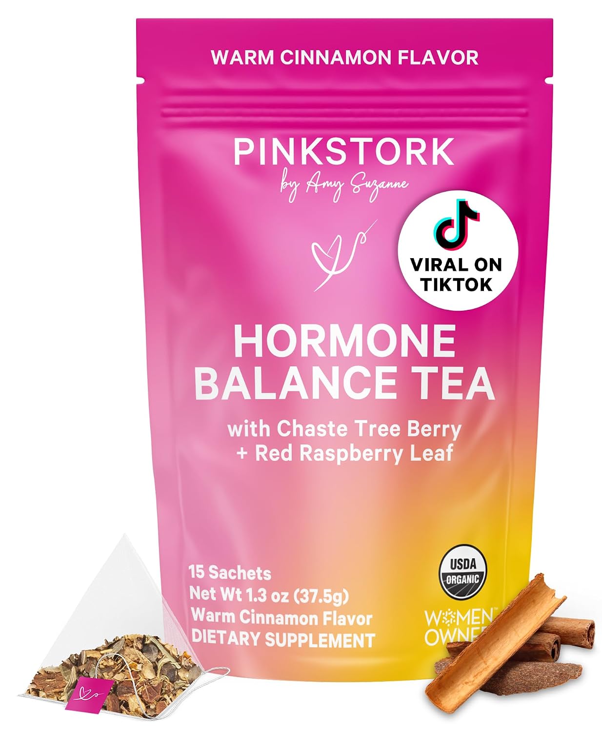 Pink Stork Organic Hormone Balance Tea for Women, Cinnamon, 30 Servings | Red Raspberry Leaf & Chasteberry (Vitex), Organic Herbal Tea, PMS, Menstrual Cycle + Perimenopause Support - PrimeBioHealth - canada supplements