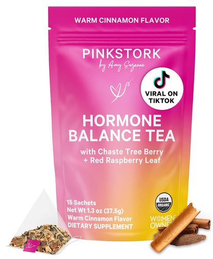 Pink Stork Organic Hormone Balance Tea for Women, Cinnamon, 30 Servings | Red Raspberry Leaf & Chasteberry (Vitex), Organic Herbal Tea, PMS, Menstrual Cycle + Perimenopause Support - PrimeBioHealth - canada supplements