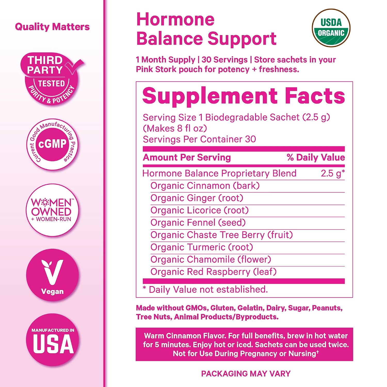 Pink Stork Organic Hormone Balance Tea for Women, Cinnamon, 30 Servings | Red Raspberry Leaf & Chasteberry (Vitex), Organic Herbal Tea, PMS, Menstrual Cycle + Perimenopause Support - PrimeBioHealth - canada supplements