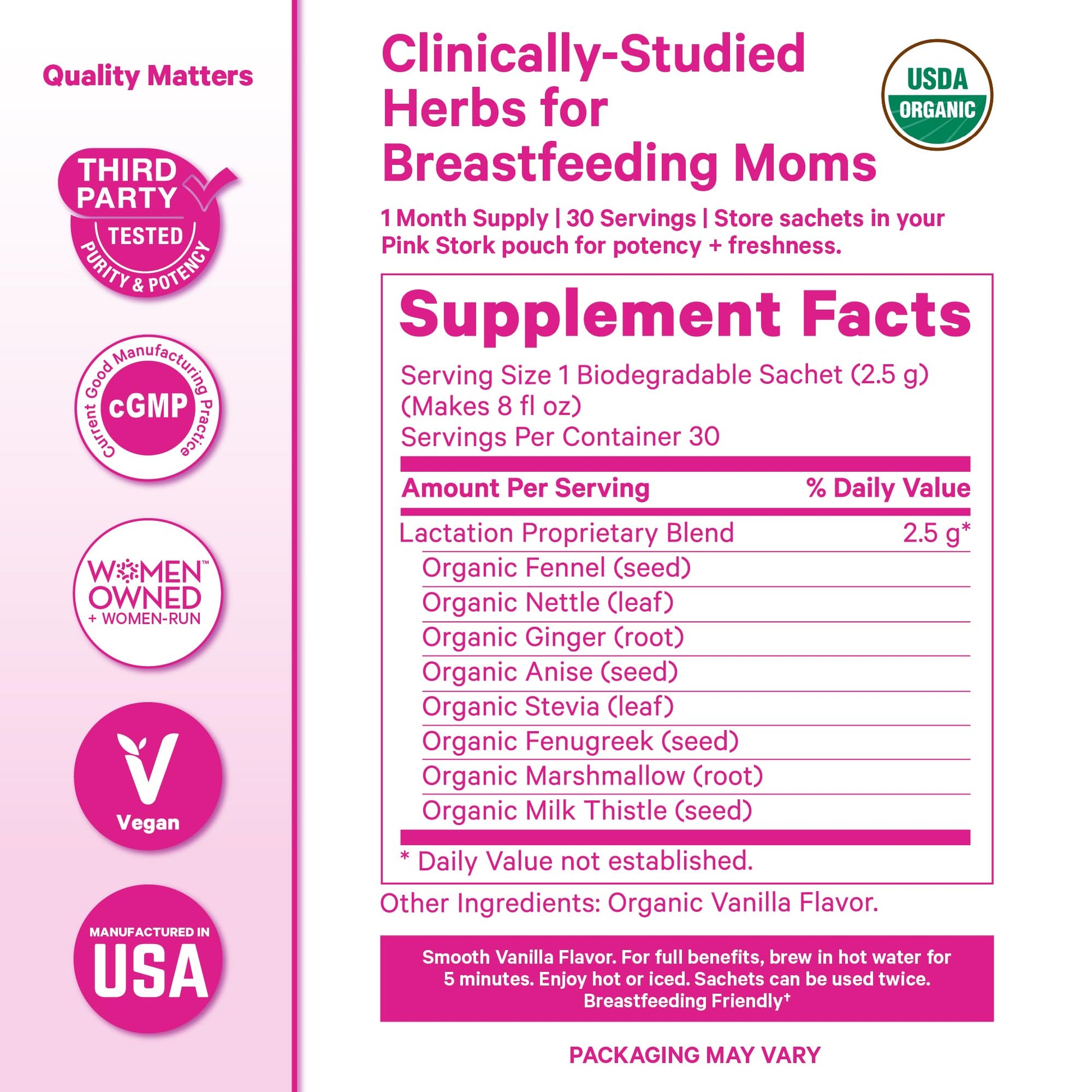 Pink Stork Organic Lactation Tea – Fenugreek, Fennel, Milk Thistle + More – Support for Breastfeeding, Pumping, Hydration, Milk Flow – Smooth Vanilla – 15 Sachets, Caffeine-Free - PrimeBioHealth - canada supplements
