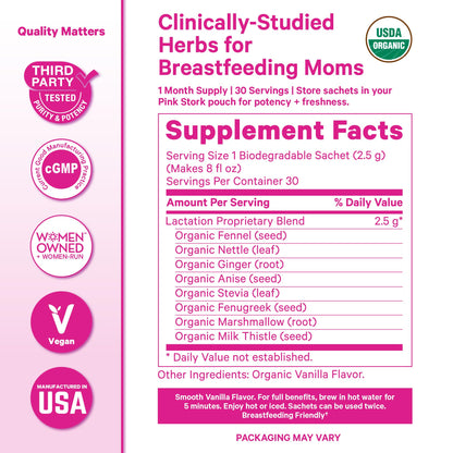 Pink Stork Organic Lactation Tea – Fenugreek, Fennel, Milk Thistle + More – Support for Breastfeeding, Pumping, Hydration, Milk Flow – Smooth Vanilla – 15 Sachets, Caffeine-Free - PrimeBioHealth - canada supplements
