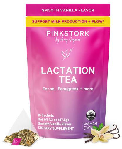 Pink Stork Organic Lactation Tea – Fenugreek, Fennel, Milk Thistle + More – Support for Breastfeeding, Pumping, Hydration, Milk Flow – Smooth Vanilla – 15 Sachets, Caffeine-Free - PrimeBioHealth - canada supplements