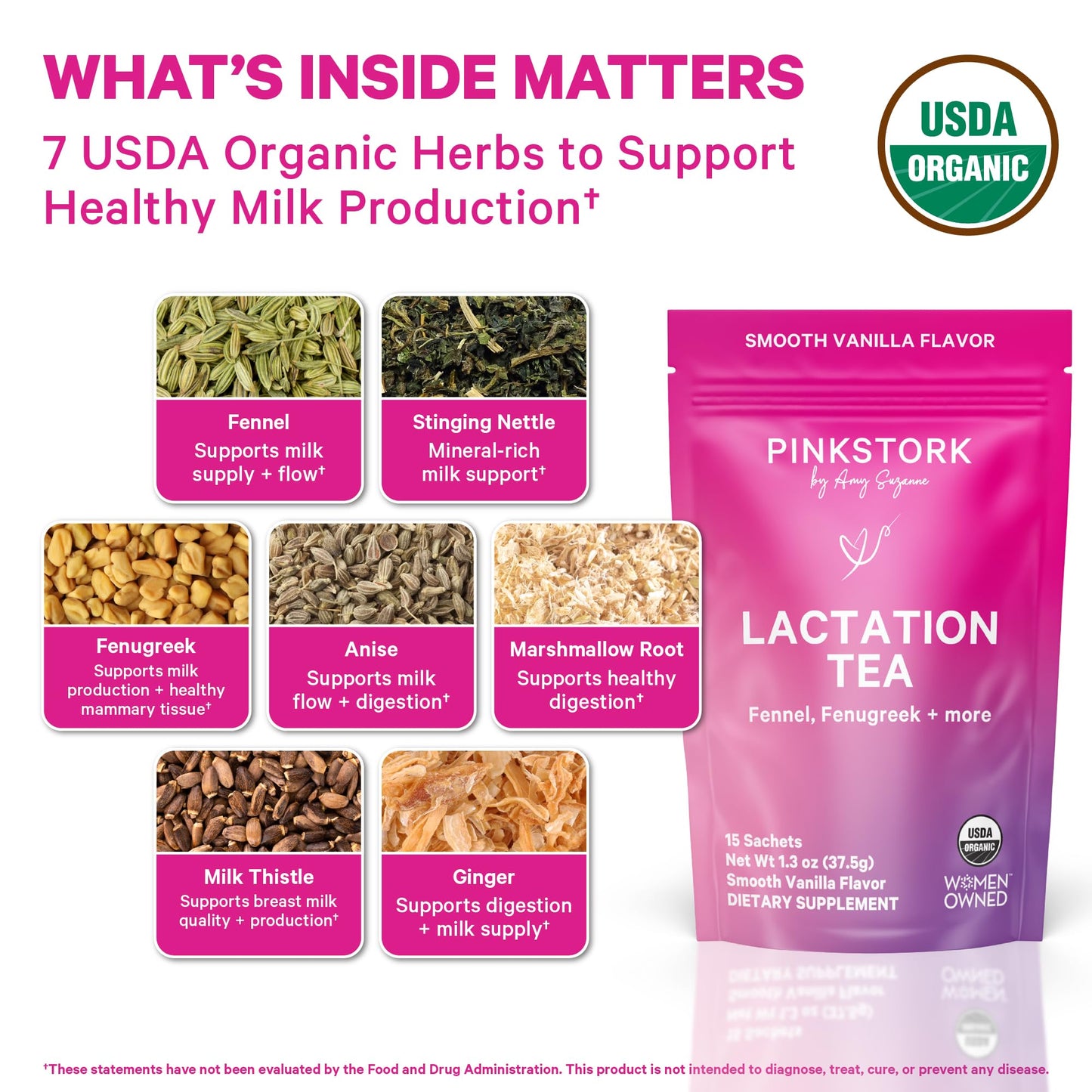 Pink Stork Organic Lactation Tea – Fenugreek, Fennel, Milk Thistle + More – Support for Breastfeeding, Pumping, Hydration, Milk Flow – Smooth Vanilla – 15 Sachets, Caffeine-Free - PrimeBioHealth - canada supplements