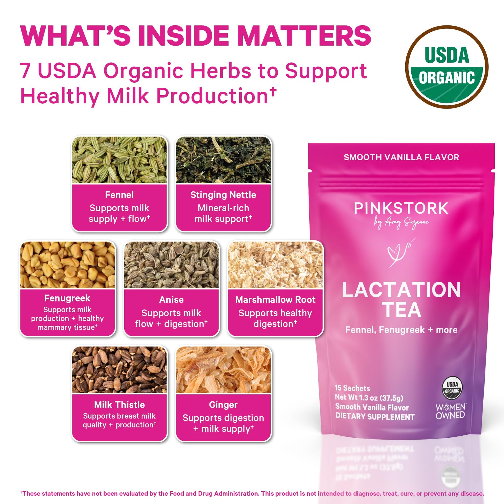 Pink Stork Organic Lactation Tea – Fenugreek, Fennel, Milk Thistle + More – Support for Breastfeeding, Pumping, Hydration, Milk Flow – Smooth Vanilla – 15 Sachets, Caffeine-Free - PrimeBioHealth - canada supplements