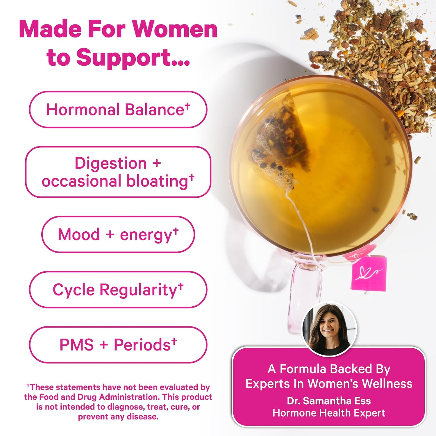 Pink Stork Organic PMS Tea for Hormone Balance, Mood Swings, Bloating, and Period Regularity - 8 Herbs - Vitex, Red Raspberry Leaf, Chamomile - Caffeine-Free - 15 Sachets, Hot or Iced - PrimeBioHealth - canada supplements