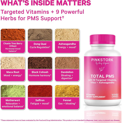 Pink Stork PMS Supplement for Women - Vitex, Ashwagandha, Maca Root & 10 Vitamins & Minerals to Support Hormone Balance, Mood, Bloating, Period Regularity - 60 Capsules - PrimeBioHealth - canada supplements