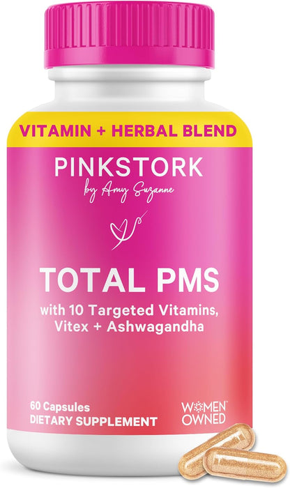 Pink Stork PMS Supplement for Women - Vitex, Ashwagandha, Maca Root & 10 Vitamins & Minerals to Support Hormone Balance, Mood, Bloating, Period Regularity - 60 Capsules - PrimeBioHealth - canada supplements
