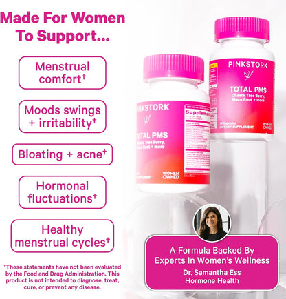 Pink Stork PMS Supplement for Women - Vitex, Ashwagandha, Maca Root & 10 Vitamins & Minerals to Support Hormone Balance, Mood, Bloating, Period Regularity - 60 Capsules - PrimeBioHealth - canada supplements