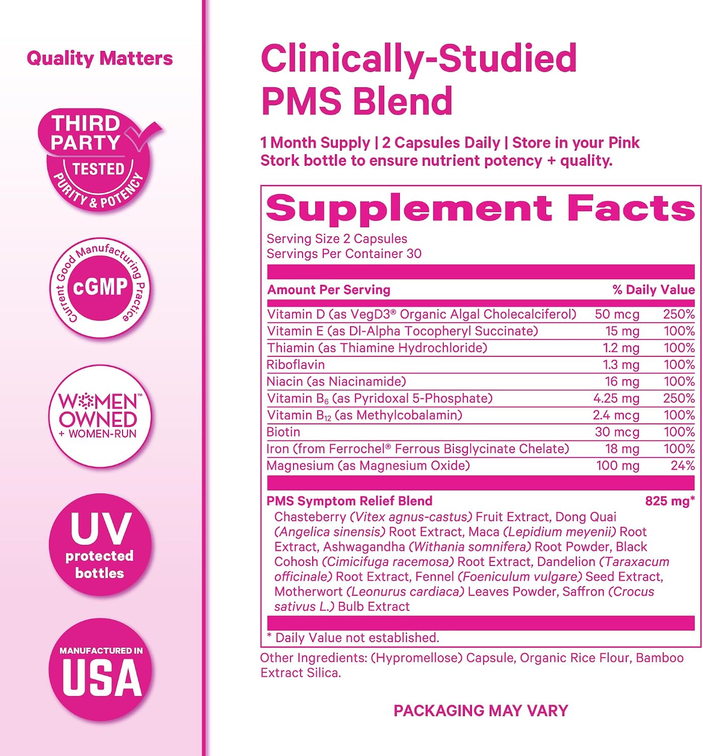 Pink Stork PMS Supplement for Women - Vitex, Ashwagandha, Maca Root & 10 Vitamins & Minerals to Support Hormone Balance, Mood, Bloating, Period Regularity - 60 Capsules - PrimeBioHealth - canada supplements