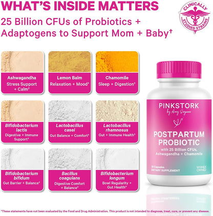 Pink Stork Probiotics for Postnatal Women - 30 Billion CFUS with Ashwagandha and Chamomile, Postpartum Essentials for Hormone Balance, Mood Support, Gut Health, Digestive Wellness, 30 Capsules - PrimeBioHealth - canada supplements