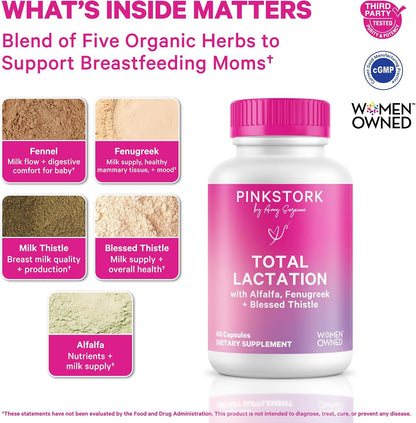 Pink Stork Total Lactation Supplement for Breast Milk Supply, Organic Fenugreek and Alfalfa to Support Breastfeeding, Milk Flow, and Production, Postpartum Essentials - 60 Capsules - PrimeBioHealth - canada supplements